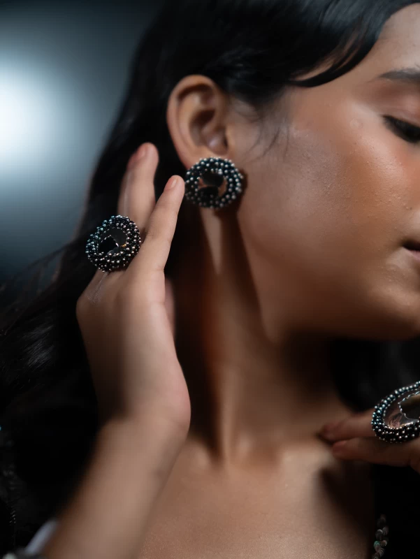 Silver Earring with Black Beads